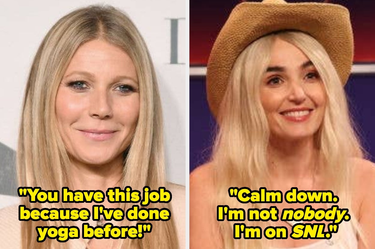 Gwyneth Paltrow with quote, "You have this job because I've done yoga before!" Chloe Fineman with quote, "Calm down. I'm not nobody. I'm on SNL"