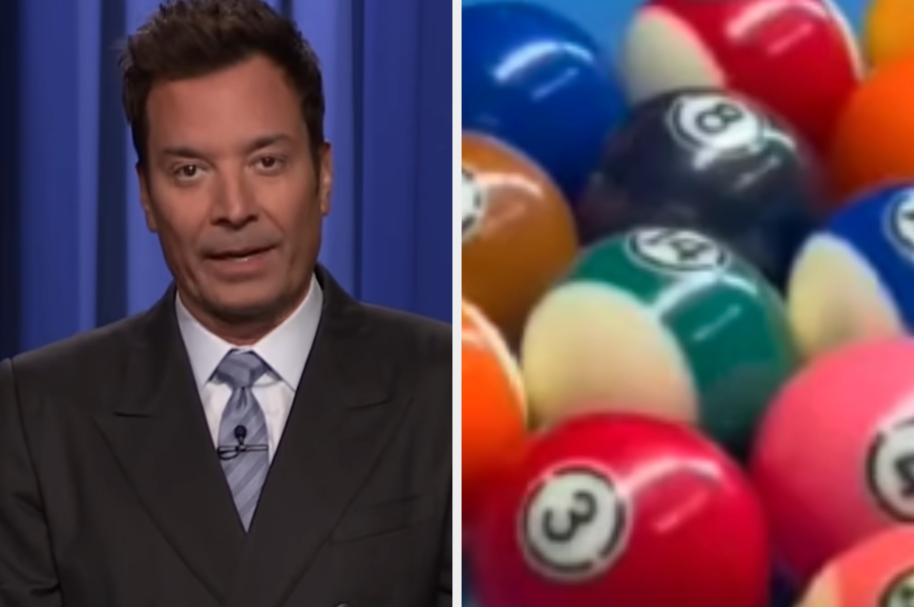 A person in a suit speaks on TV; next to them is a close-up of pool balls arranged in a triangle
