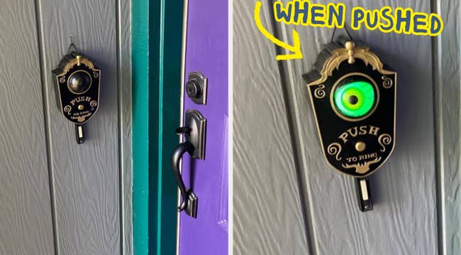 the haunted doorbell adjacent to a door, and a closeup of the doorbell's greenish oculus that opens erstwhile pushed