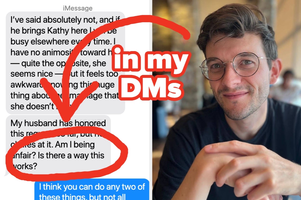A person with glasses sits at a table. Overlay text: "In my DMs." Message screenshot discusses potential relationship boundaries