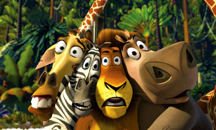 Animated animals from the Madagascar movie series look surprised in a jungle setting