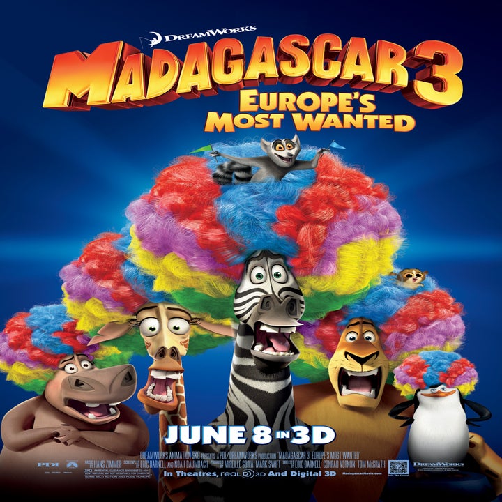Movie poster for "Madagascar 3: Europe's Most Wanted" featuring animated animal characters with colorful wigs, releasing June 8 in 3D