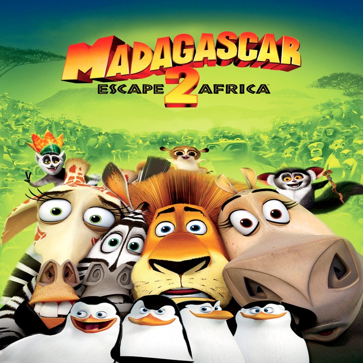 Movie poster for "Madagascar: Escape 2 Africa" featuring animated characters like Alex the lion, Marty the zebra, Melman the giraffe, and Gloria the hippo