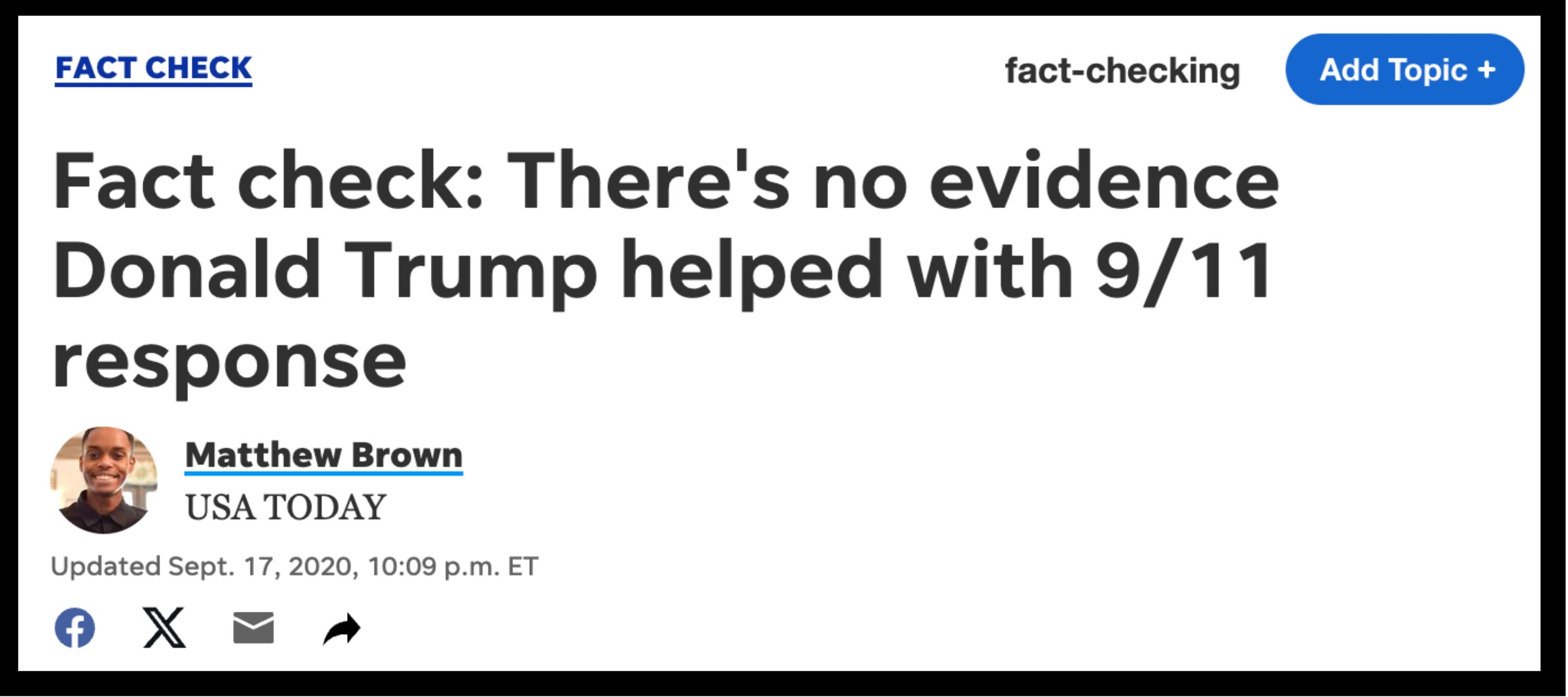 Overskrift om mangel på bevis for Donald Trumps engasjement i 9/11 responsinnsats