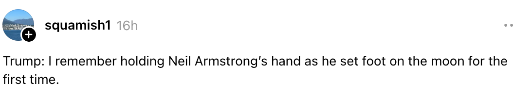Skjermbilde av et innlegg på sosiale medier som humoristisk feilsitert Trump om å holde Neil Armstrongs hånd på månen
