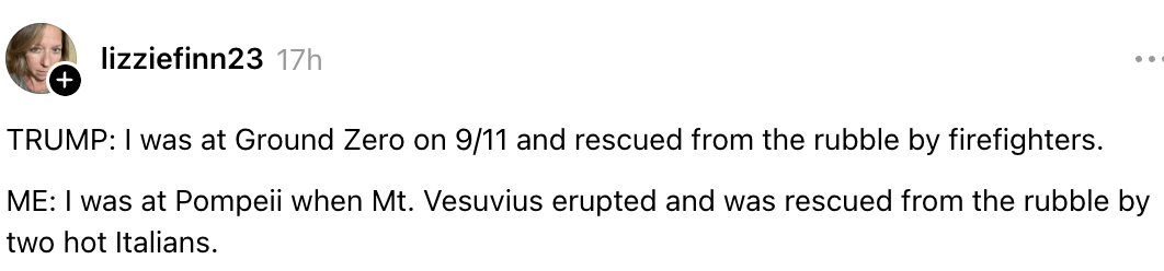 Sosiale medier-innlegg som fleiper om å bli reddet i Pompeii av italienere, parodierende på en uttalelse om 9/11