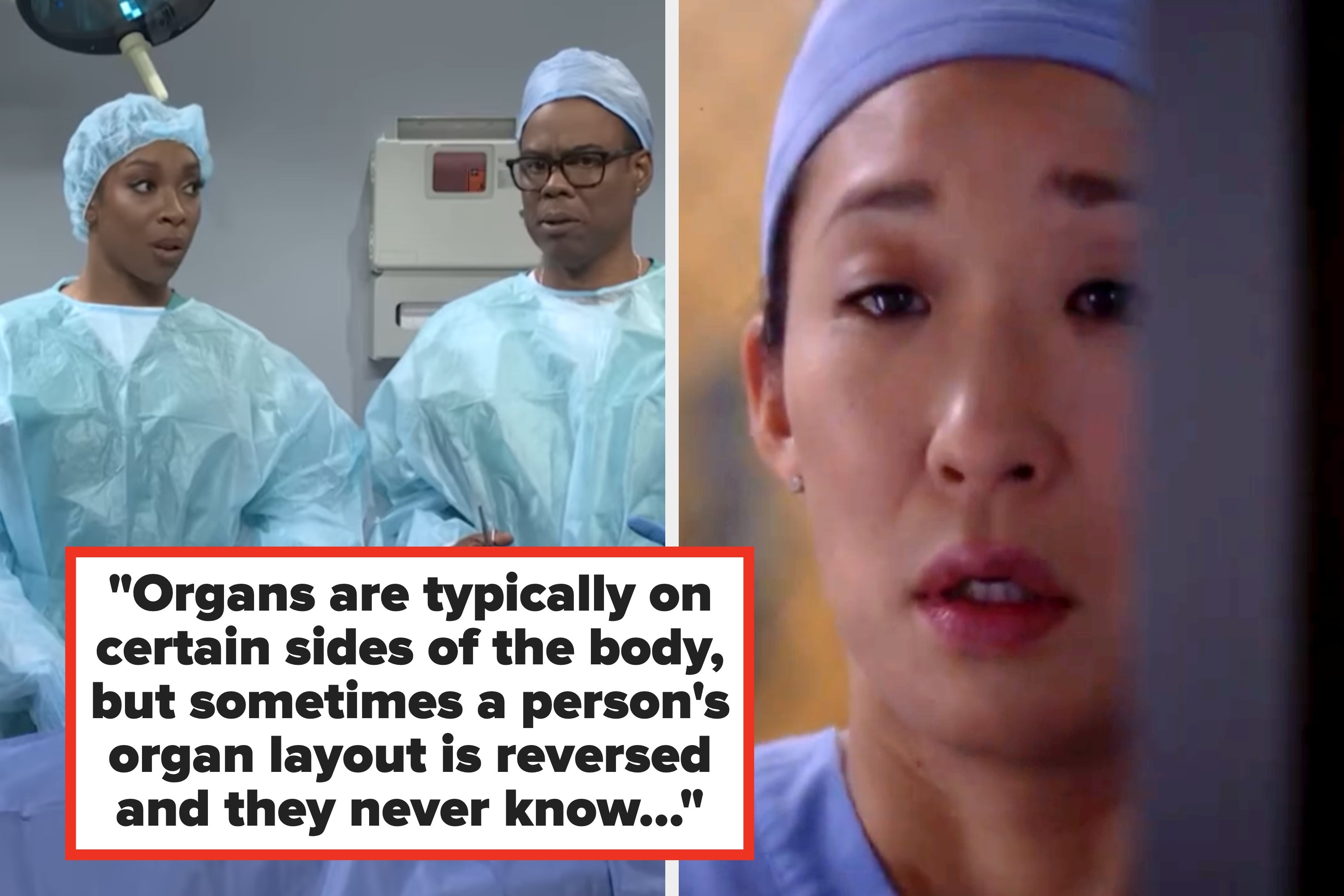 Three people in surgical scrubs look surprised. Caption discusses rare reversed organ layouts in the body discovered only through surgery