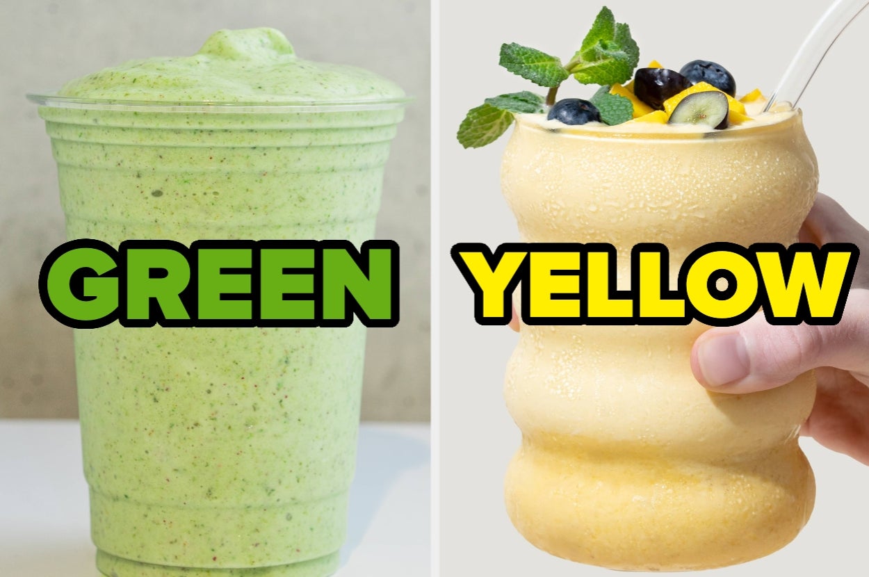 Two smoothies: one green in a clear cup, one yellow in a hand-crafted mug with blueberries and mint garnish
