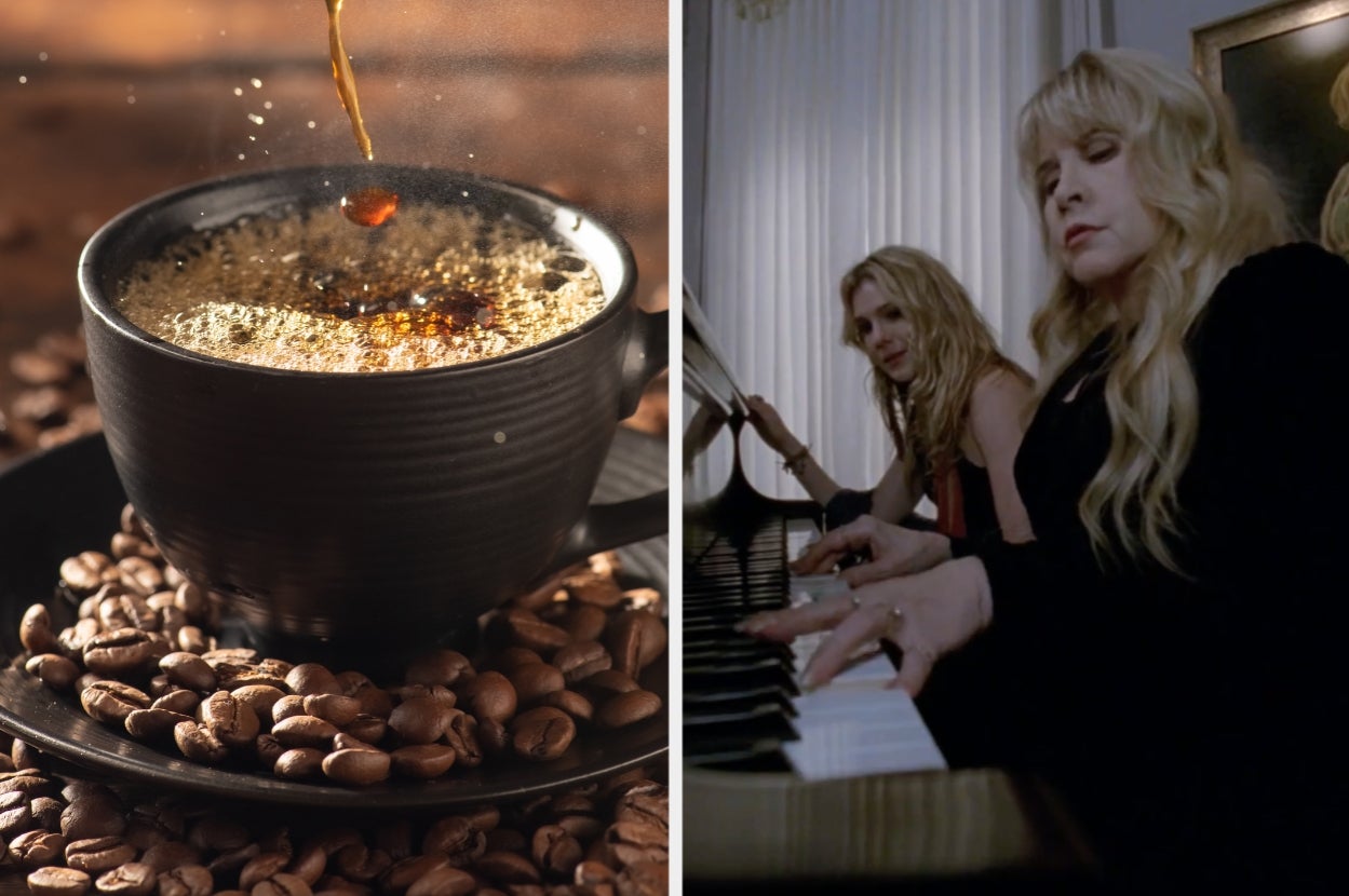 Cup of coffee surrounded by beans; Stevie Nicks and Lily Rabe in "American Horror Story: Coven" scene wiht Stevie Nicks play the piano, focusing intently