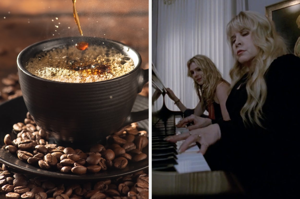 Cup of coffee surrounded by beans; Stevie Nicks and Lily Rabe in "American Horror Story: Coven" scene wiht Stevie Nicks play the piano, focusing intently