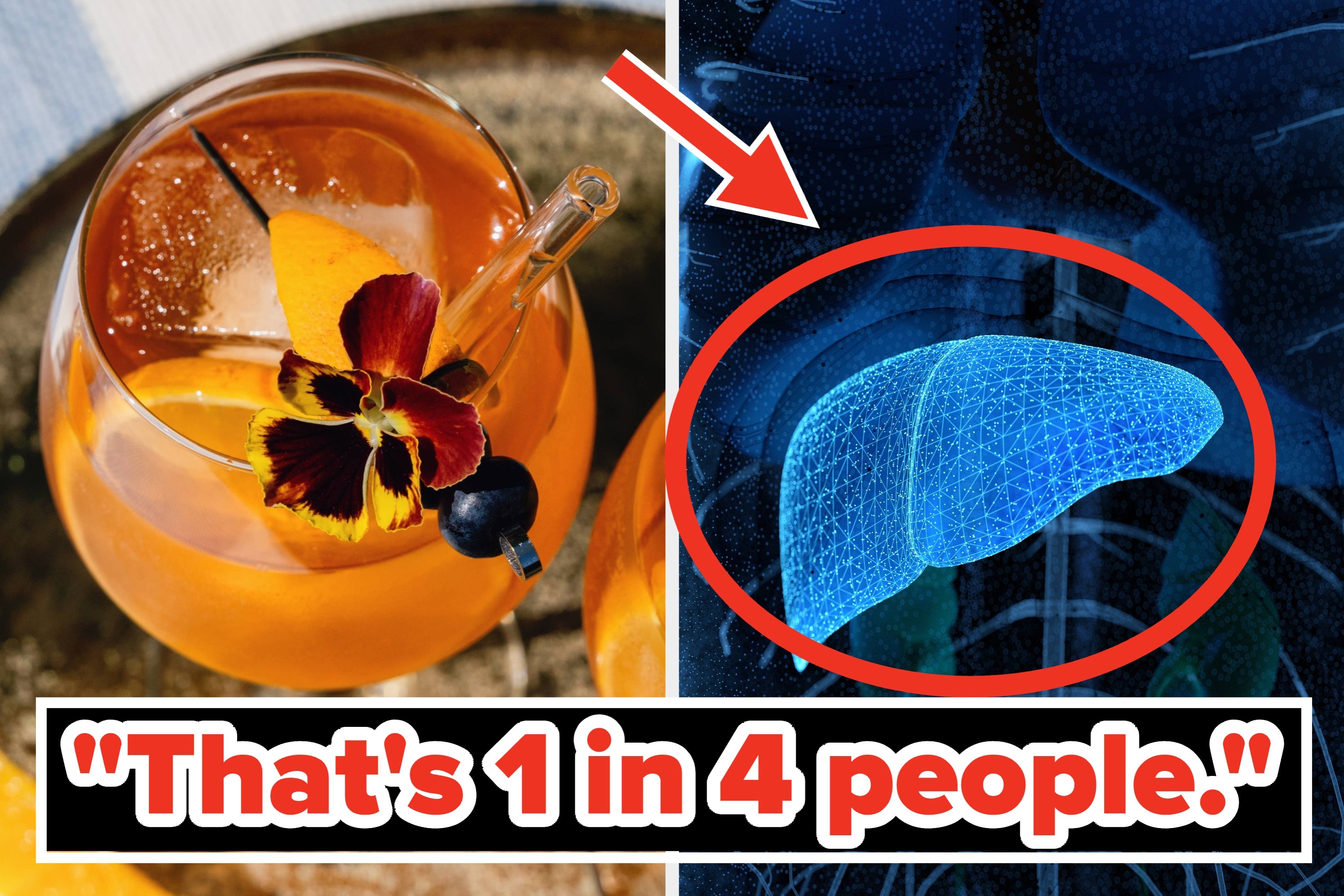 Cocktail beside a diagram of a liver with text: "That's 1 in 4 people!" Highlighting a health concern linked to alcoholic drinks