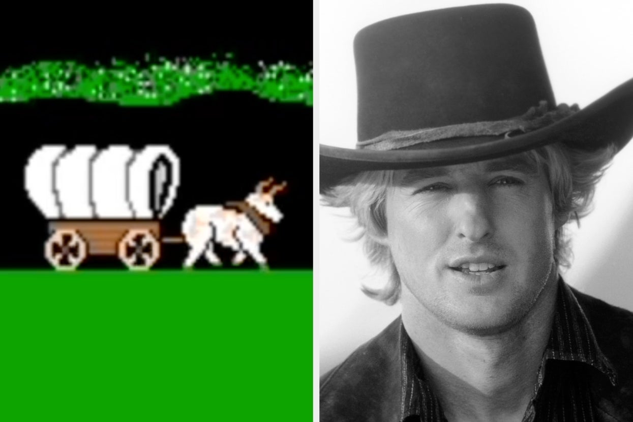 Left: Screenshot from Oregon Trail game showing a covered wagon. Right: Black-and-white photo of Owen Wilson in "SHANGHAI NOON" wearing a cowboy hat