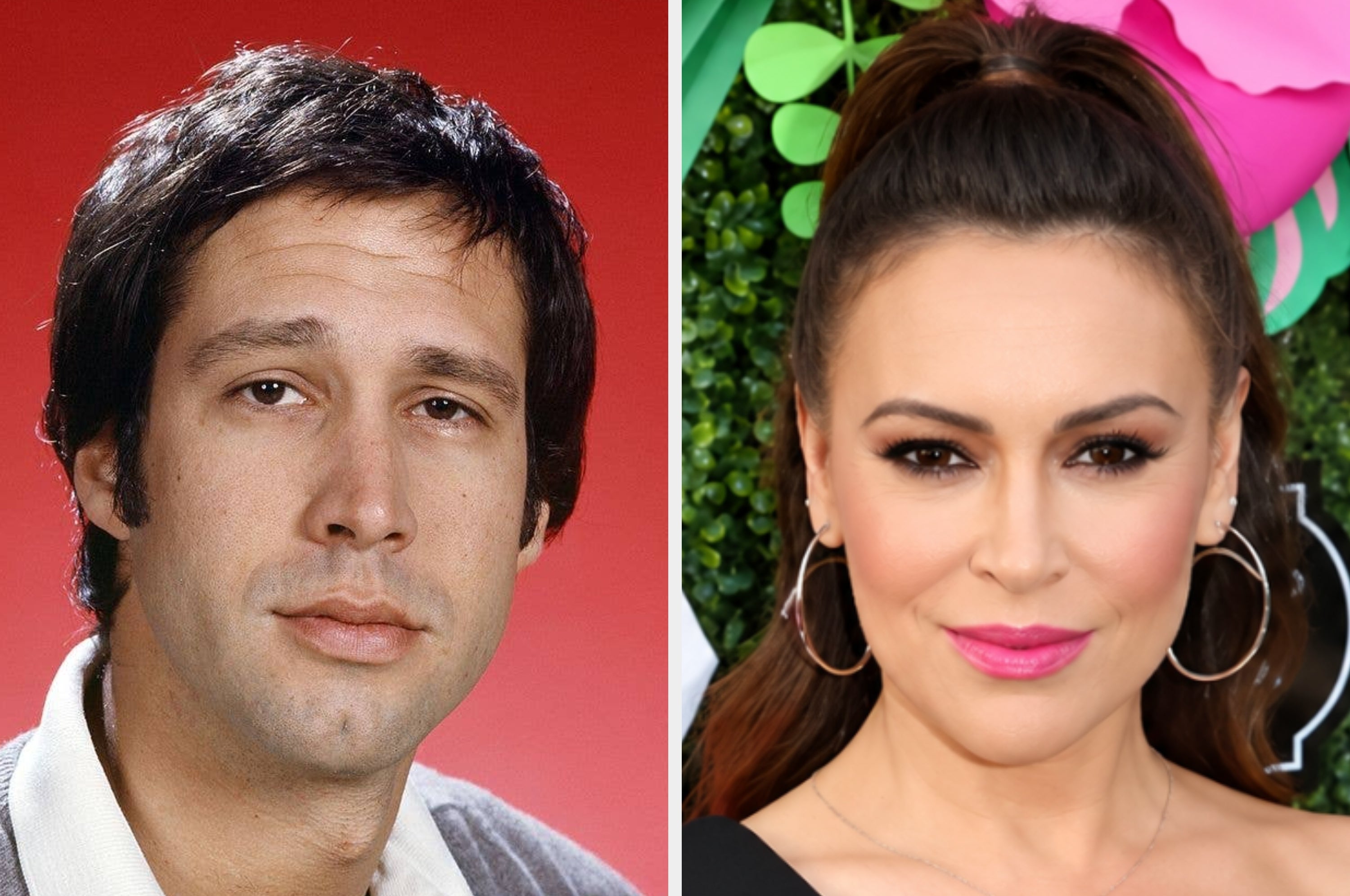 Side-by-side images of a man in casual attire and a woman with hoop earrings and an updo, appearing to be celebrity headshots