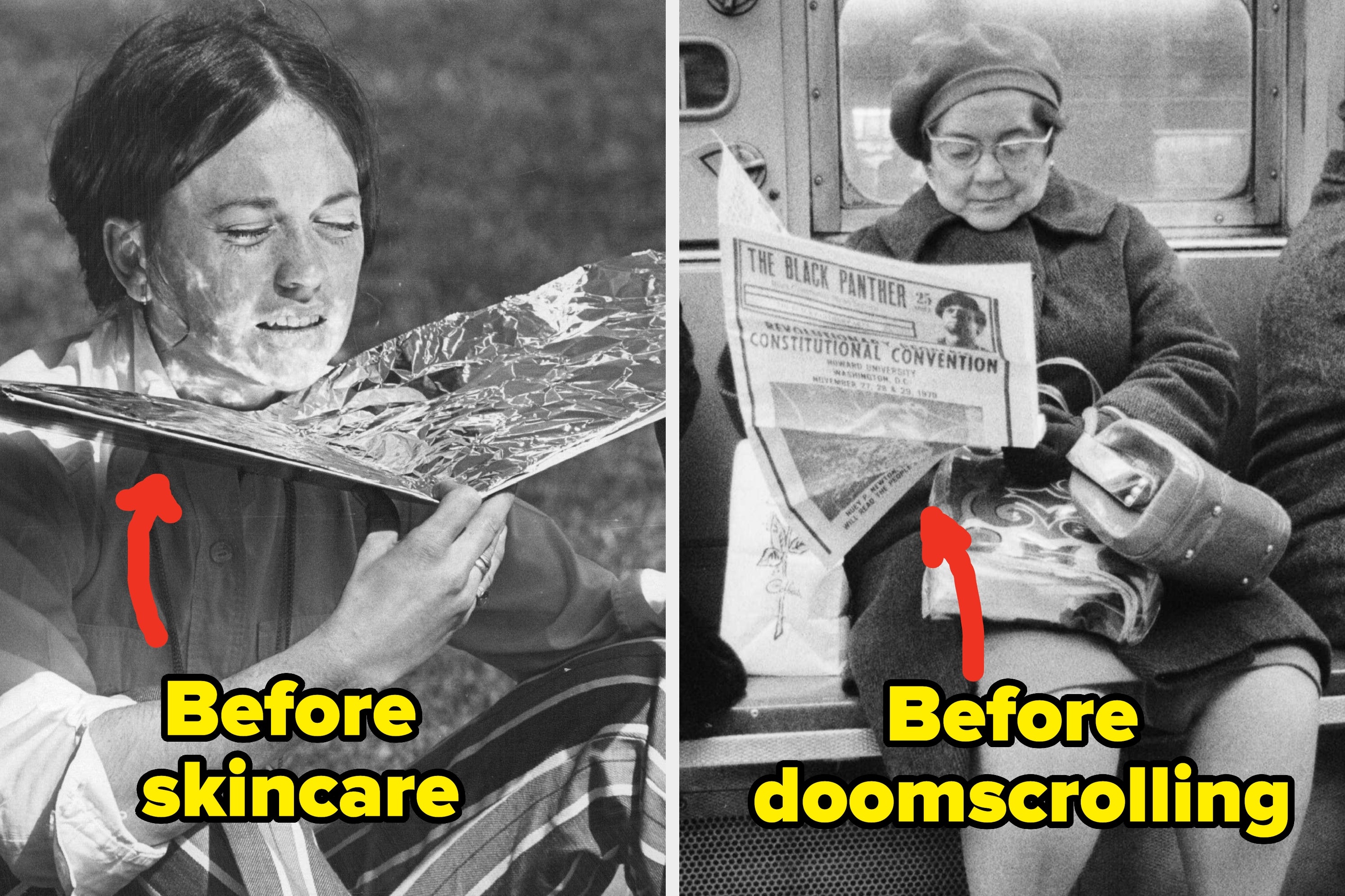 Left: Person using a foil reflector. Right: Person reading a newspaper on a train. Text: "Before skincare," "Before doomscrolling."