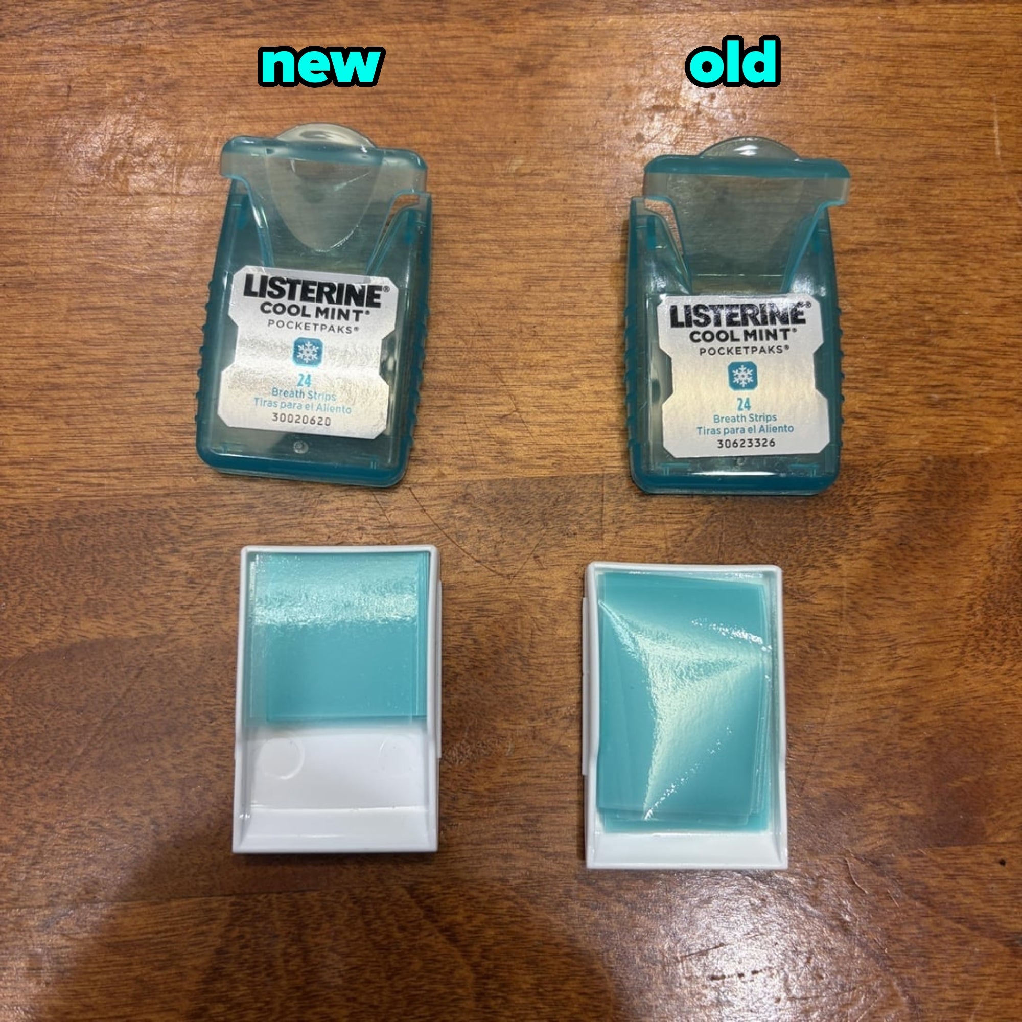 Two unfastened  and 2  closed Listerine Cool Mint PocketPaks featuring 24 enactment    strips, displayed connected  a woody  surface