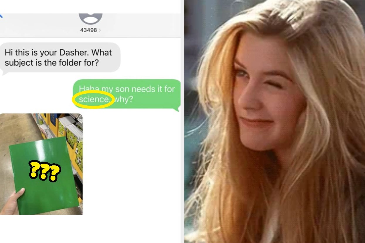 Text message conversation about needing a folder for science class. Side-by-side image of a woman winking