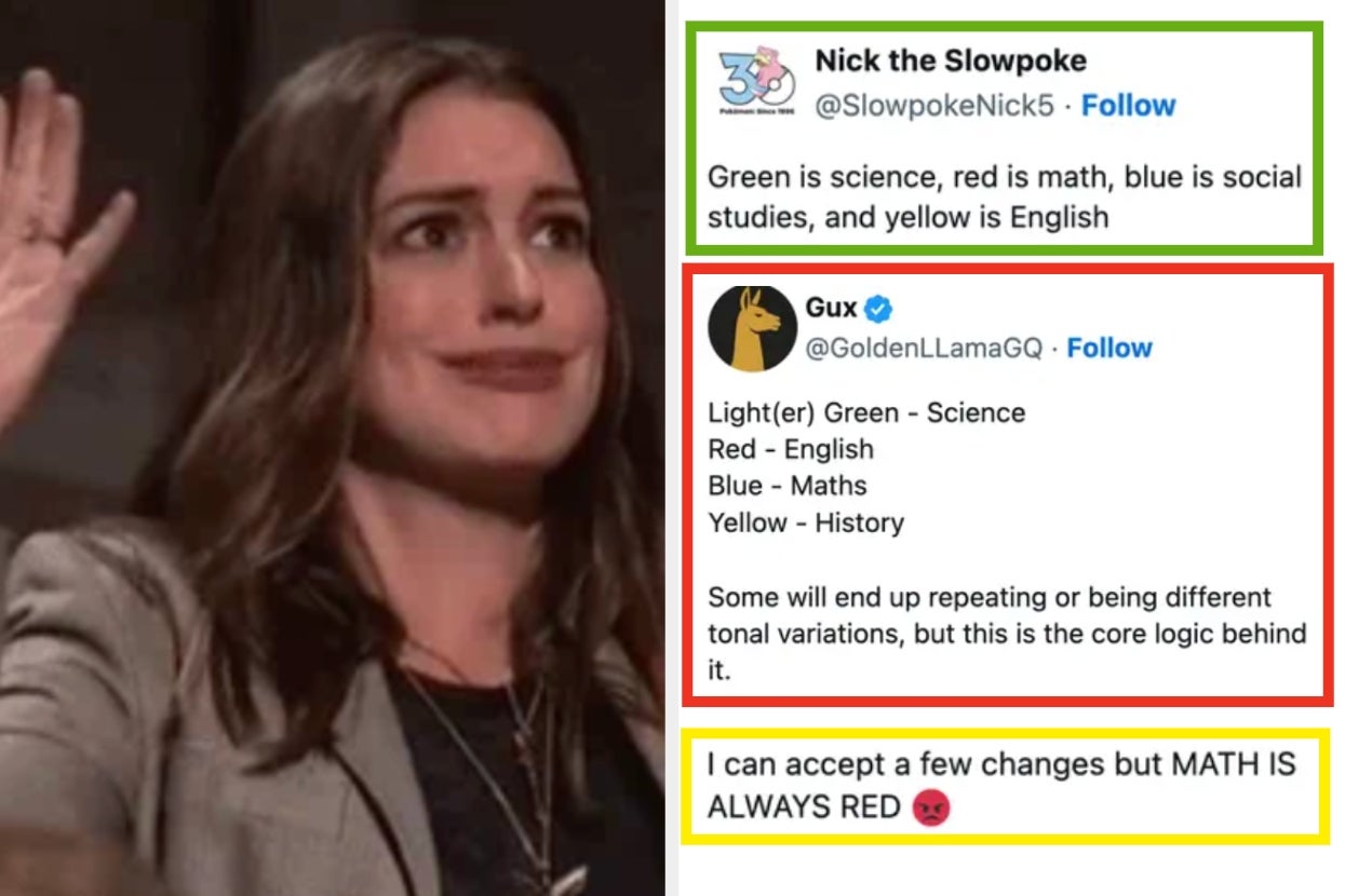 A woman gesturing with text tweets about colors representing school subjects. One tweet highlights disagreement, emphasizing "math is always red."