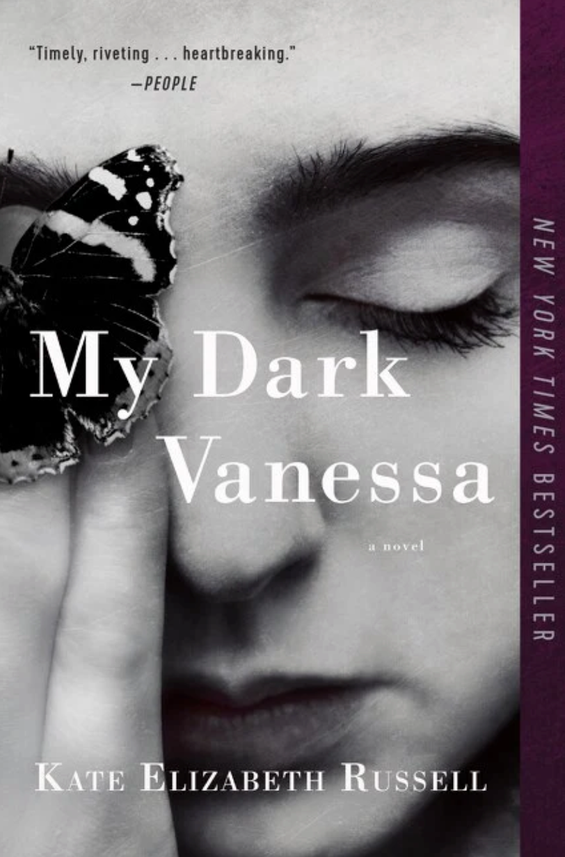 Cover of "My Dark Vanessa" by Kate Elizabeth Russell, featuring a close-up of a woman's face with a butterfly on her hand. New York Times Bestseller