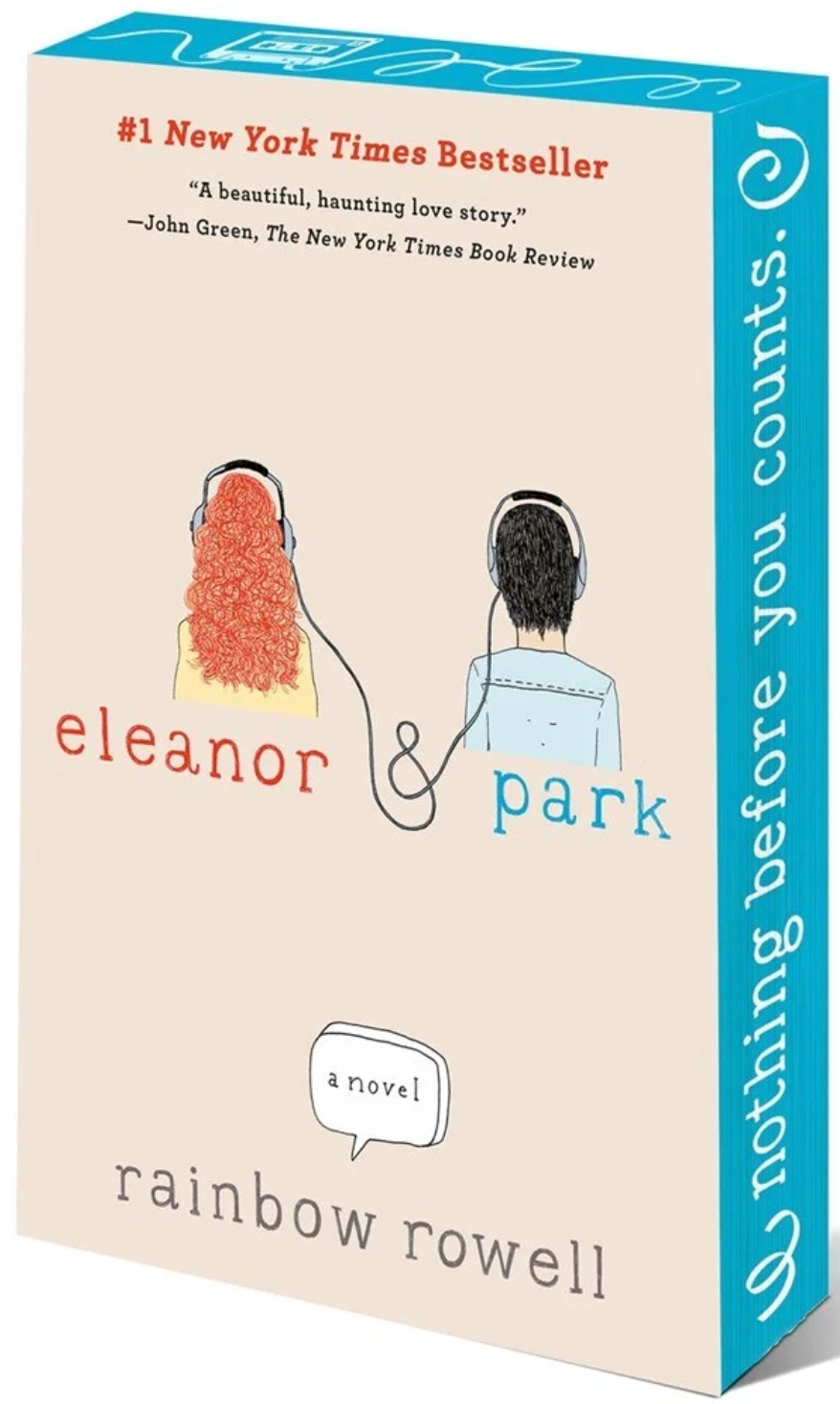 The image shows the book cover of "Eleanor &amp;amp; Park" by Rainbow Rowell, featuring illustrations of two people listening to headphones