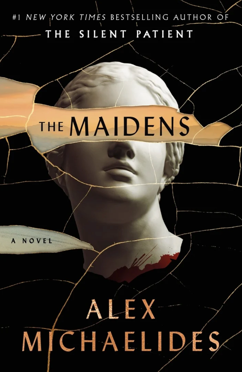 Book cover of "The Maidens" by Alex Michaelides features a marble statue with gold cracks and the title across it
