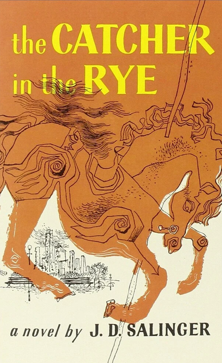 Cover of "The Catcher in the Rye" by J.D. Salinger featuring an abstract carousel horse illustration