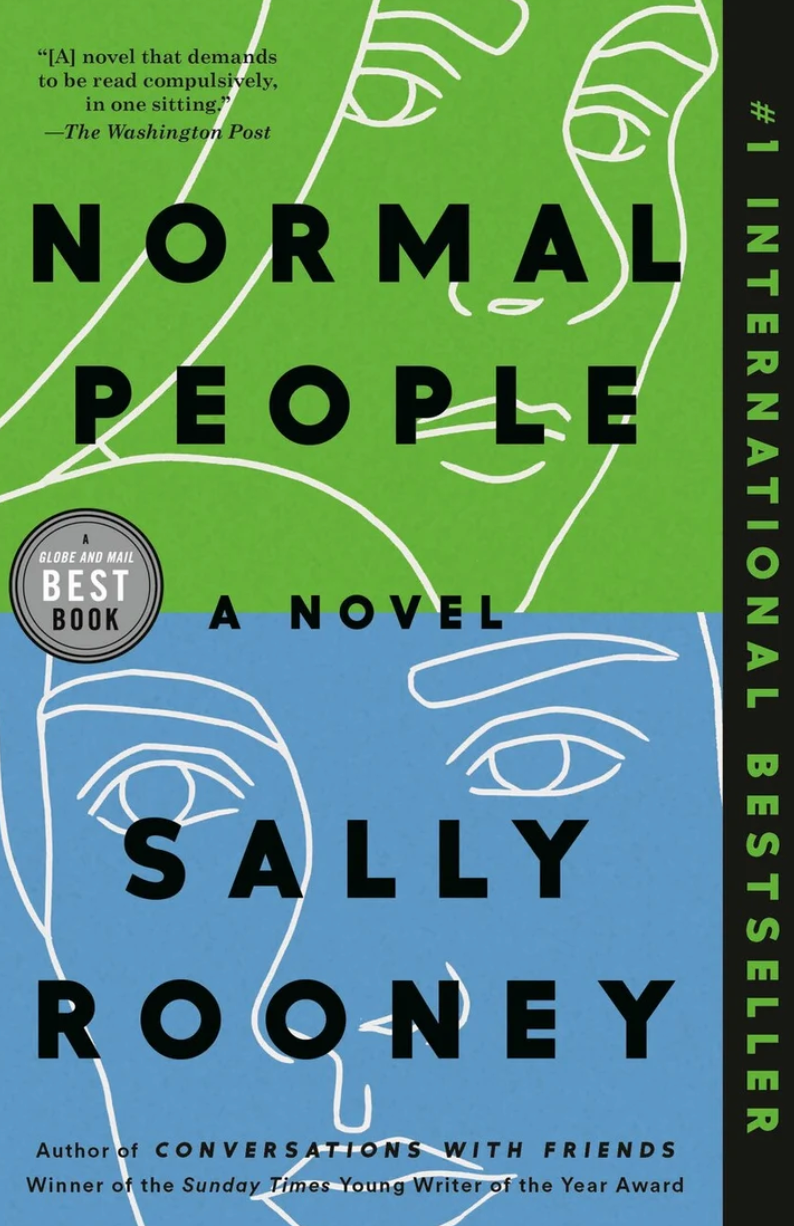 Cover of "Normal People" by Sally Rooney, featuring abstract line art of faces with accolades and bestseller status highlighted