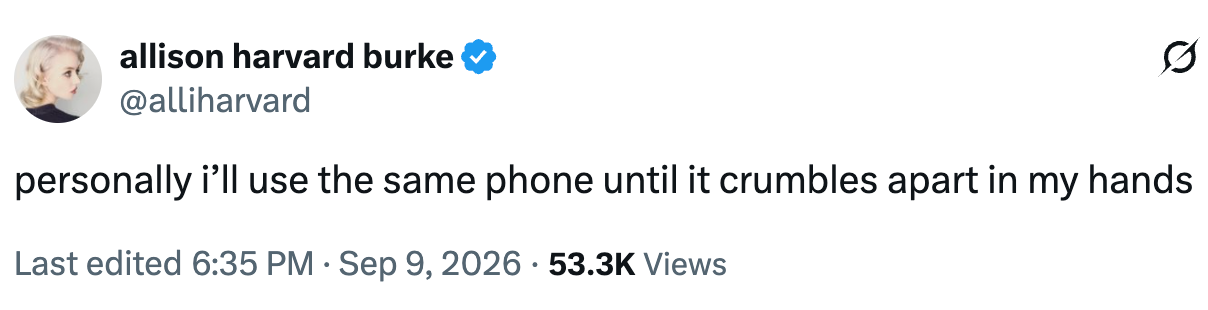 Tweet av brukeren og uttrykker at de vil bruke telefonen sin til den fysisk går i stykker