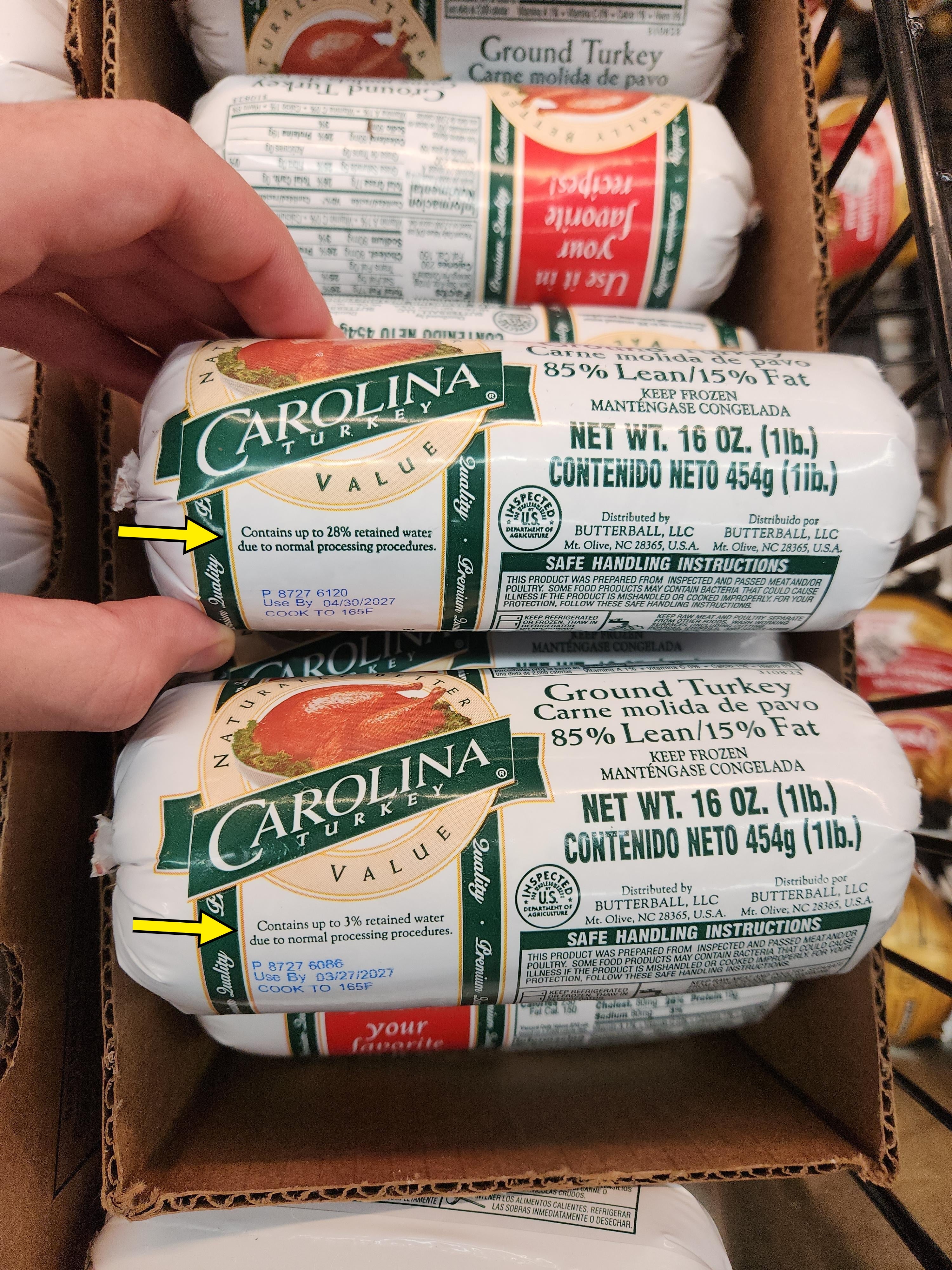 Packages of crushed  turkey successful  a show  case, showing nutritional and information   information