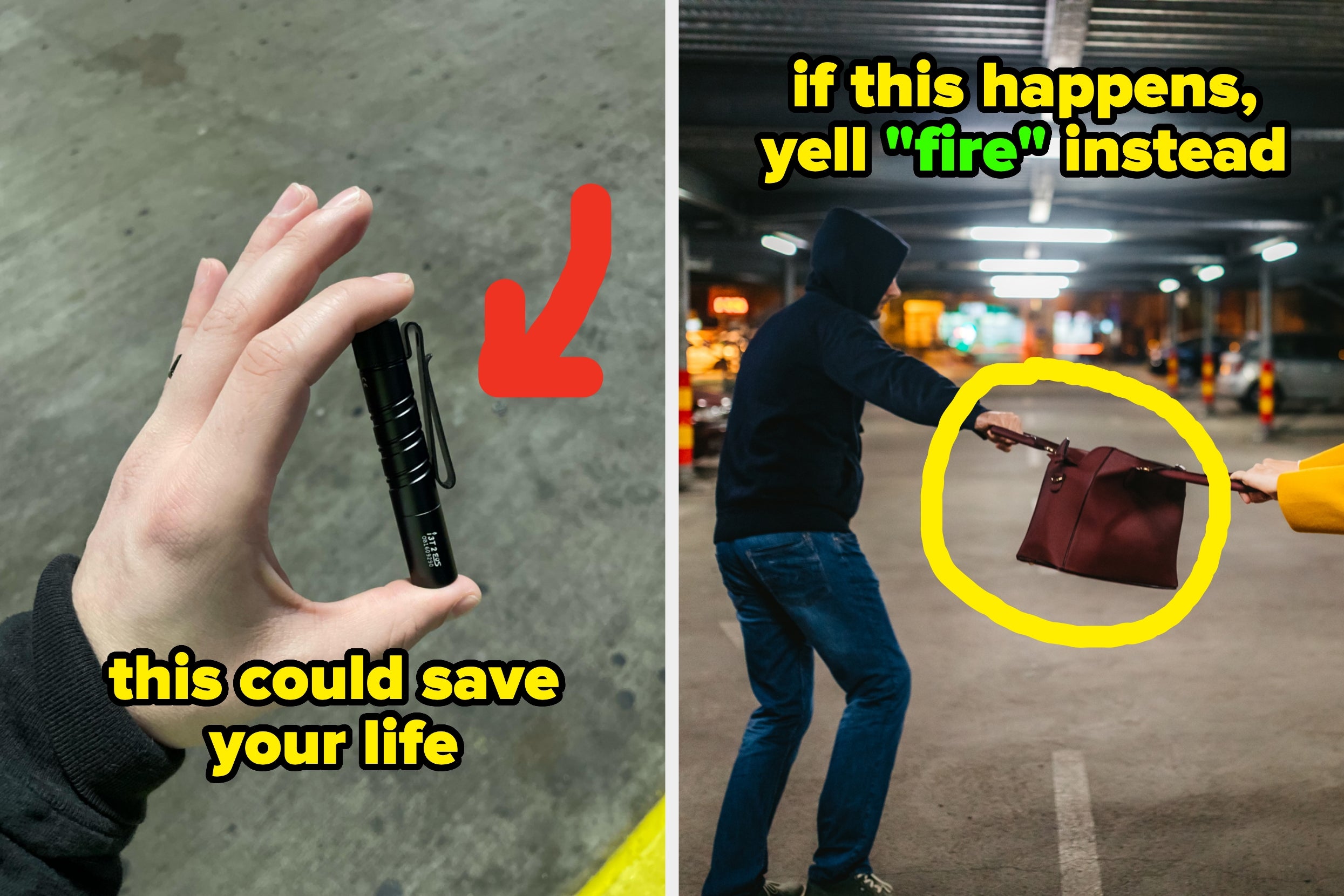 A hand holding a flashlight and a person defending against a theft in a parking garage, suggesting safety tips for travelers