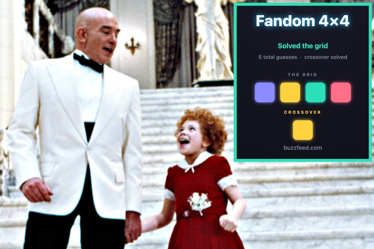 Man in white tuxedo and young girl in red dress hold hands. Inset: a grid game result with "Fandom 4x4" and "Solved the grid" text