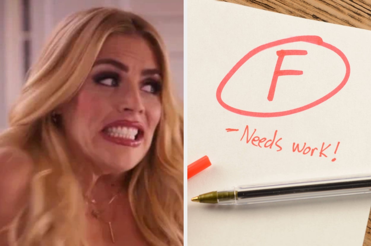 Split image of Busy Philipps cringing, and a circled F grade in red pen with "Needs work!" under it