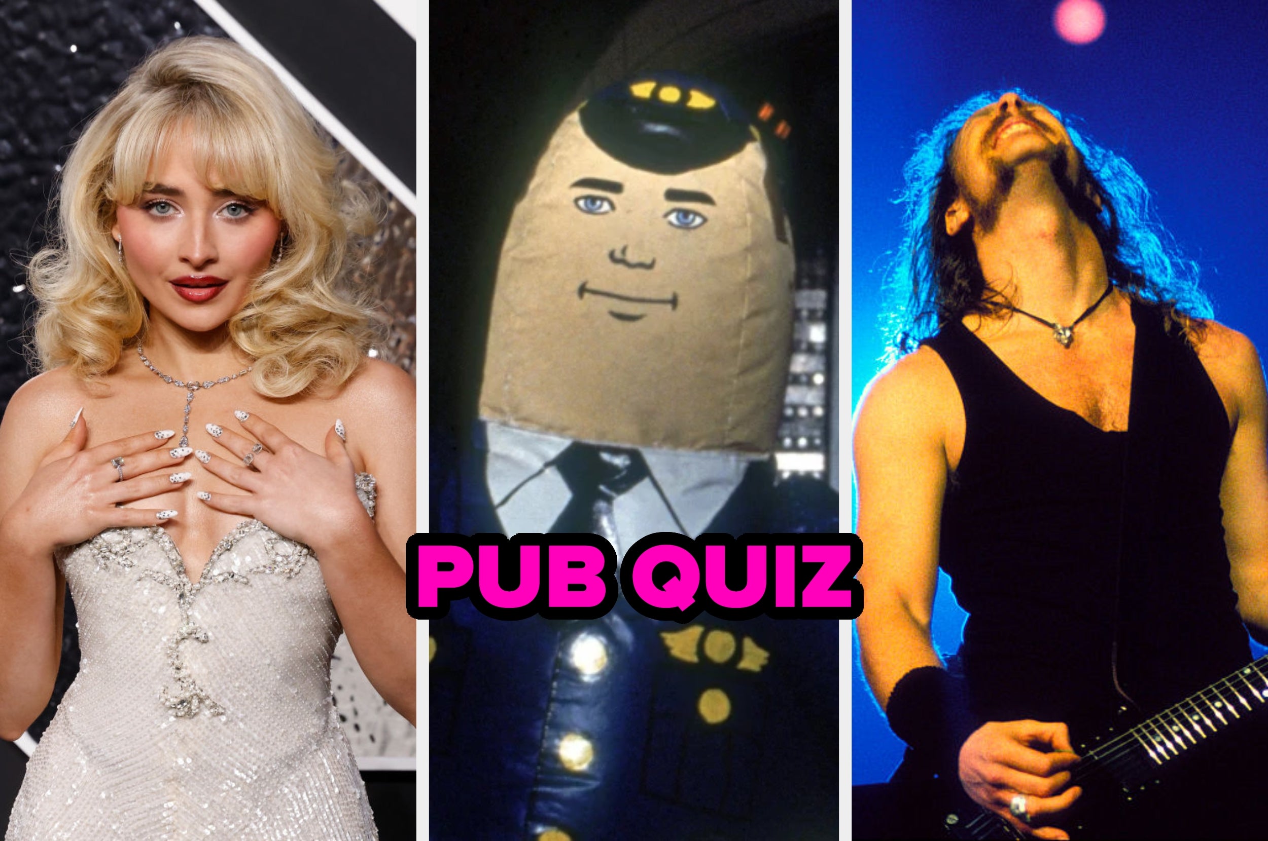 Three-panel image: Person in elegant beaded dress, egg with drawn-on pilot uniform, and a musician playing guitar passionately. Text: "Pub Quiz."