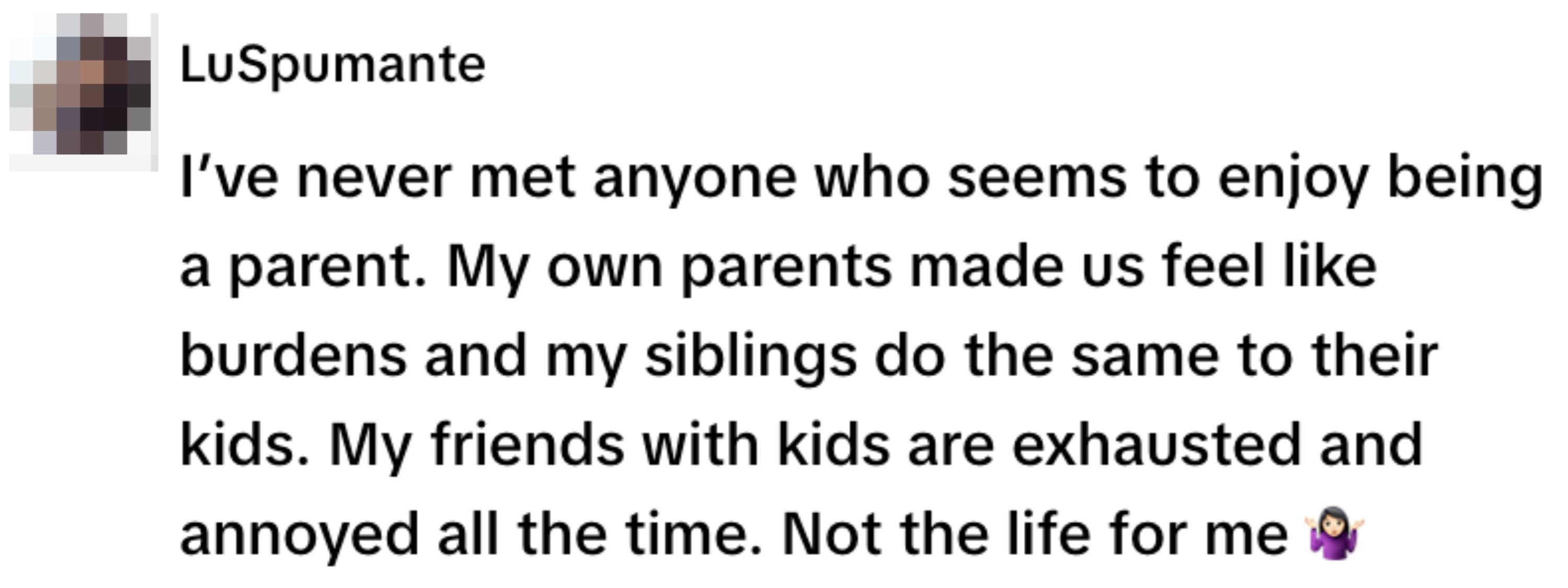  A person reflects on negative parental experiences, describing parents and friends with kids as exhausted and annoyed, and concludes it's not for them