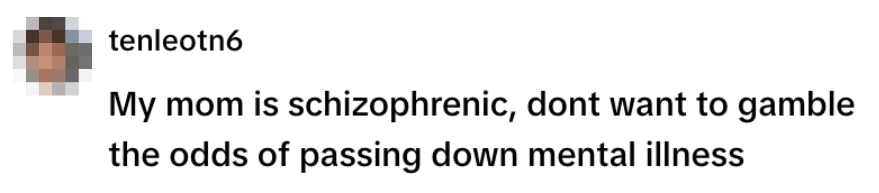 Profile image and text discussing concerns about inheriting mental illness from a schizophrenic parent