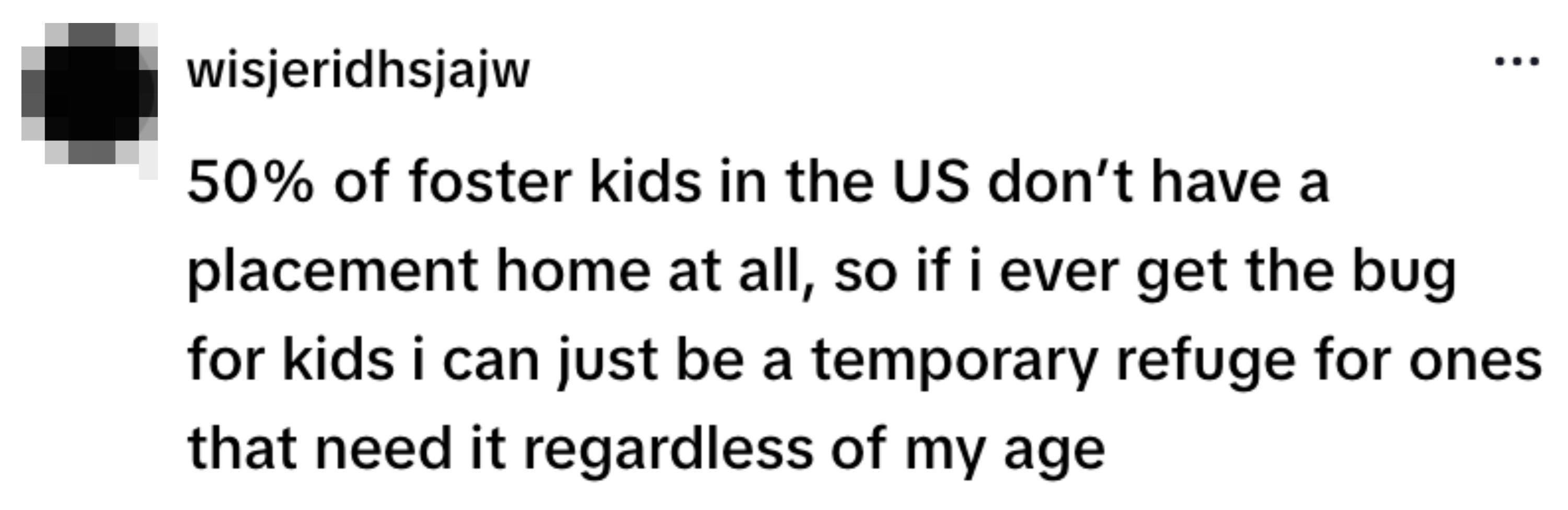 Text about foster care in the US, highlighting that 50% of foster kids lack placement homes and the potential to be a temporary refuge