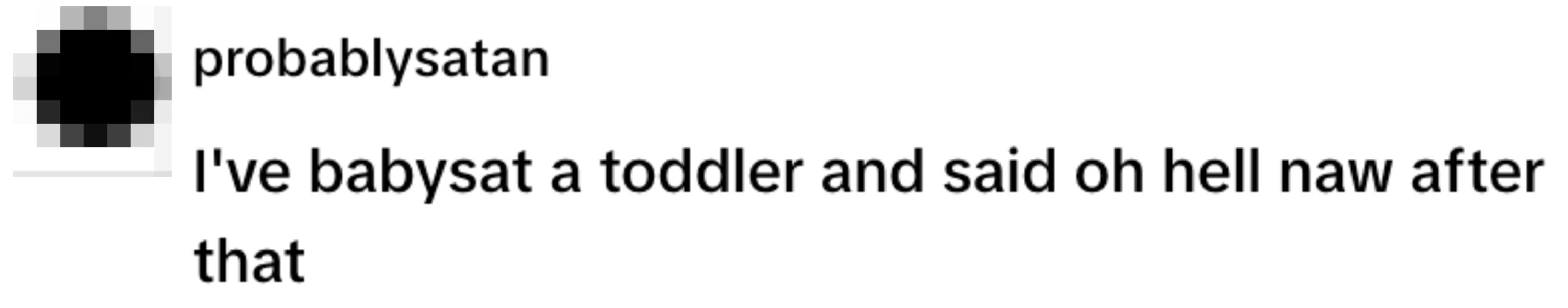  "I've babysat a toddler and said oh hell naw after that."