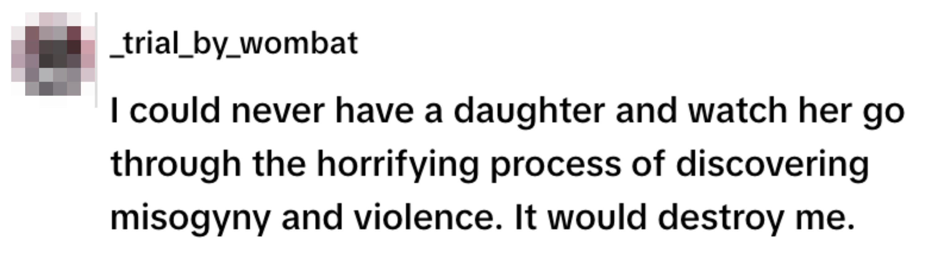 Text expressing a parent's fear of a daughter facing misogyny and violence