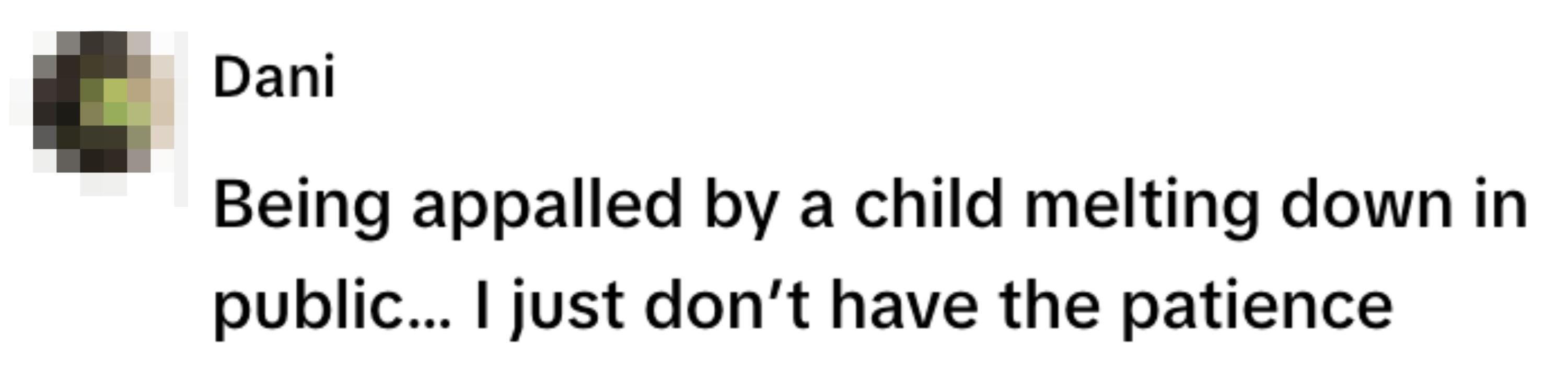 Profile picture with a frog and name "Dani." Status text reads, "Being appalled by a child melting down in public... I just don’t have the patience."