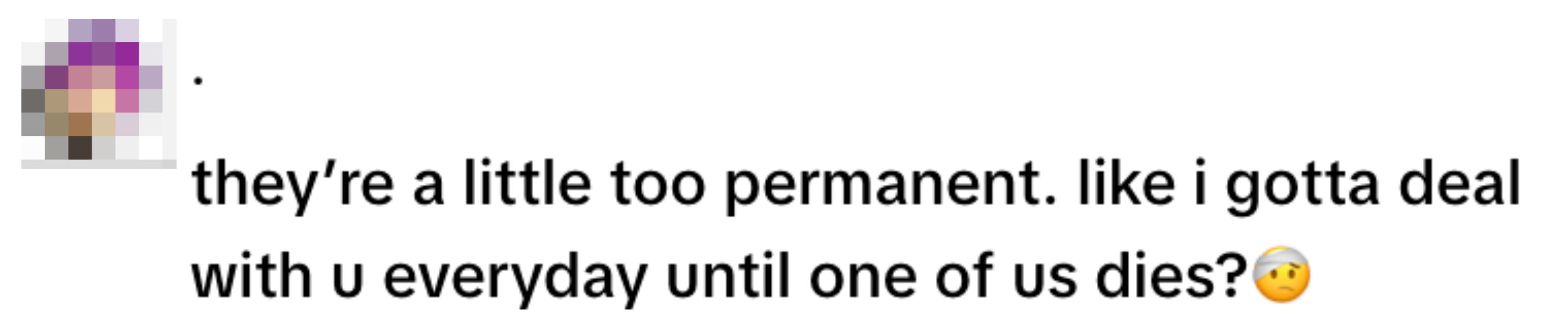 A social media post with text expressing reluctance about a long-term relationship, ending with a thinking face emoji
