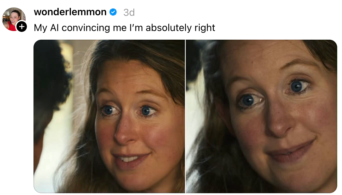 To-panel meme av en kvinne som ser sikkert ut. Bildetekst: "Min AI overbeviser meg om at jeg har helt rett."