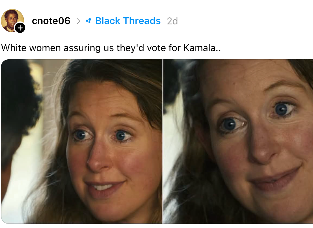 To nærbilder av en smilende kvinne med en bildetekst om å stemme på Kamala. Innlegget er fra "cnote06" på "Svarte tråder."