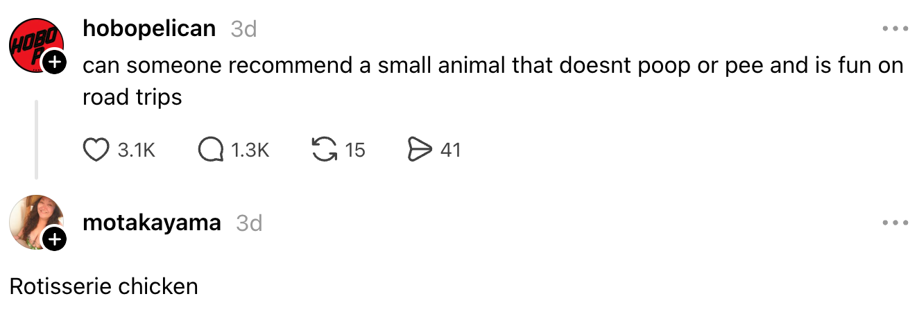 Utveksling av sosiale medier: Brukeren spør etter et lite dyr som ikke roter og liker bilturer. En annen bruker svarer humoristisk med "rotisserie chicken."