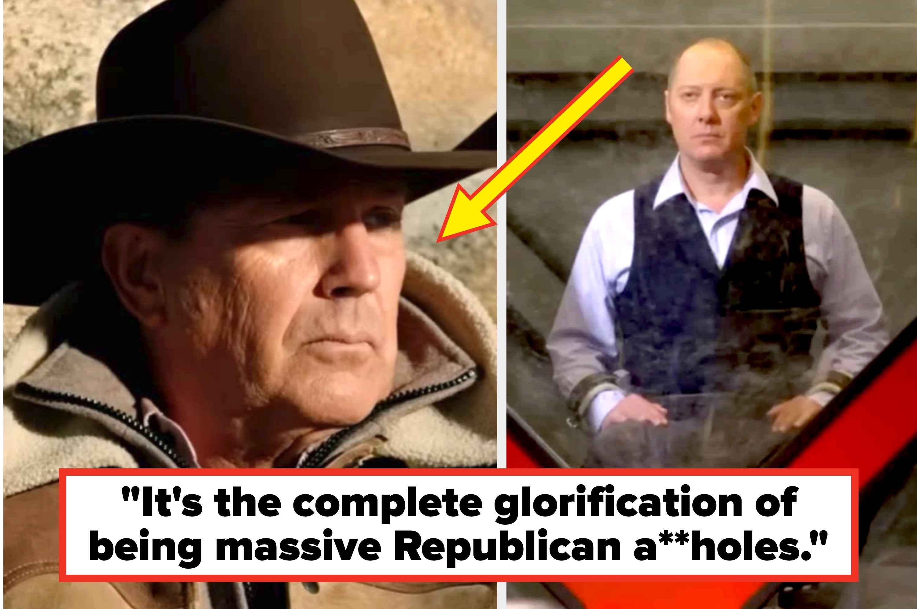 Split image of two men; left man in formal vest and shirt, right man in cowboy hat and jacket, with quote, "What a ridiculous show."