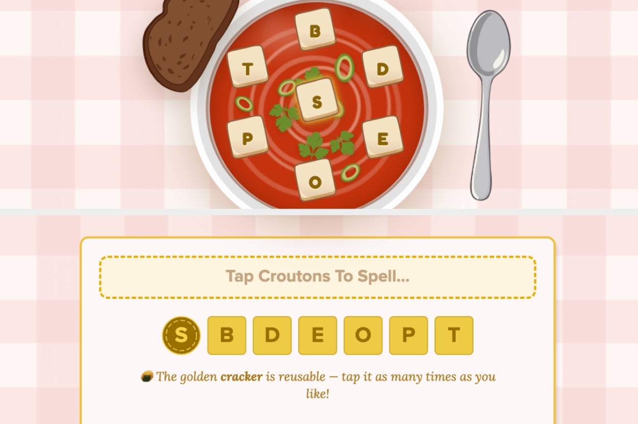 A word puzzle game showing a bowl of soup with lettered croutons, a bread slice, and a spoon. Players tap croutons to spell words using available letters