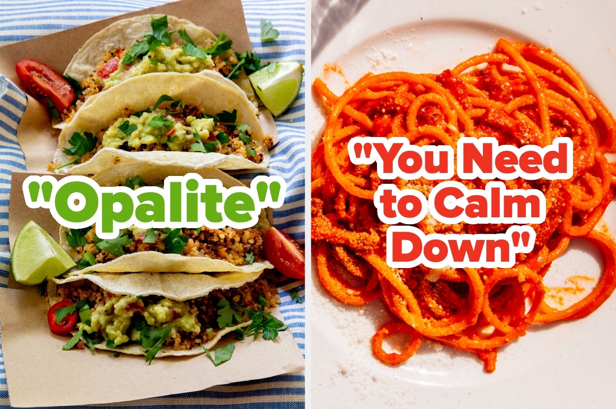 Two images: Left shows tacos with "Opalite" text; right shows spaghetti with "You Need to Calm Down" text
