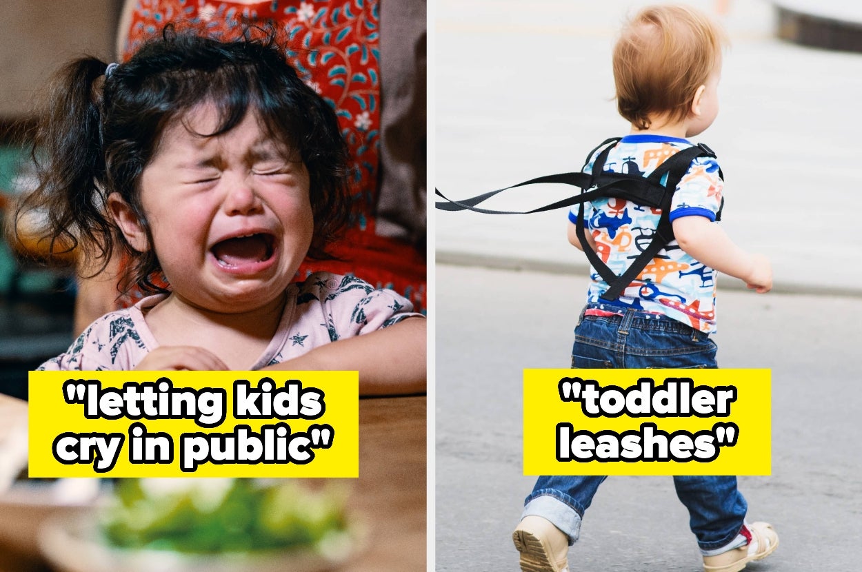 Split image: Left shows a crying child with text "letting kids cry in public." Right shows a toddler with a harness, text "toddler leashes."