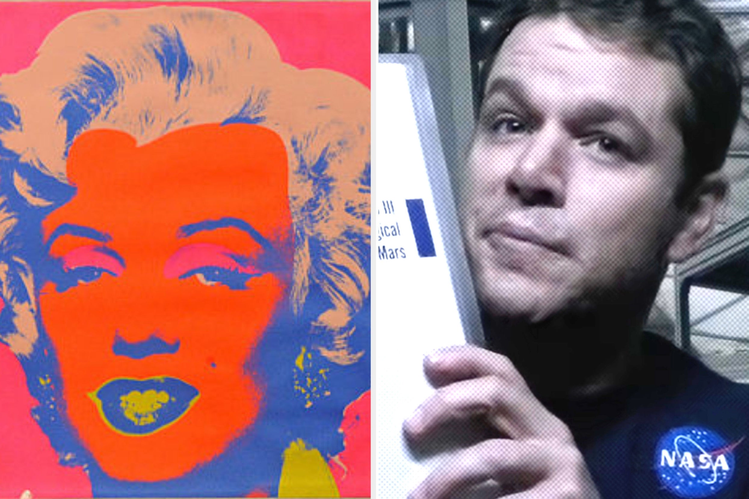 Pop art portrait of a woman; person in a NASA shirt holds a book titled "Ares III Mars."