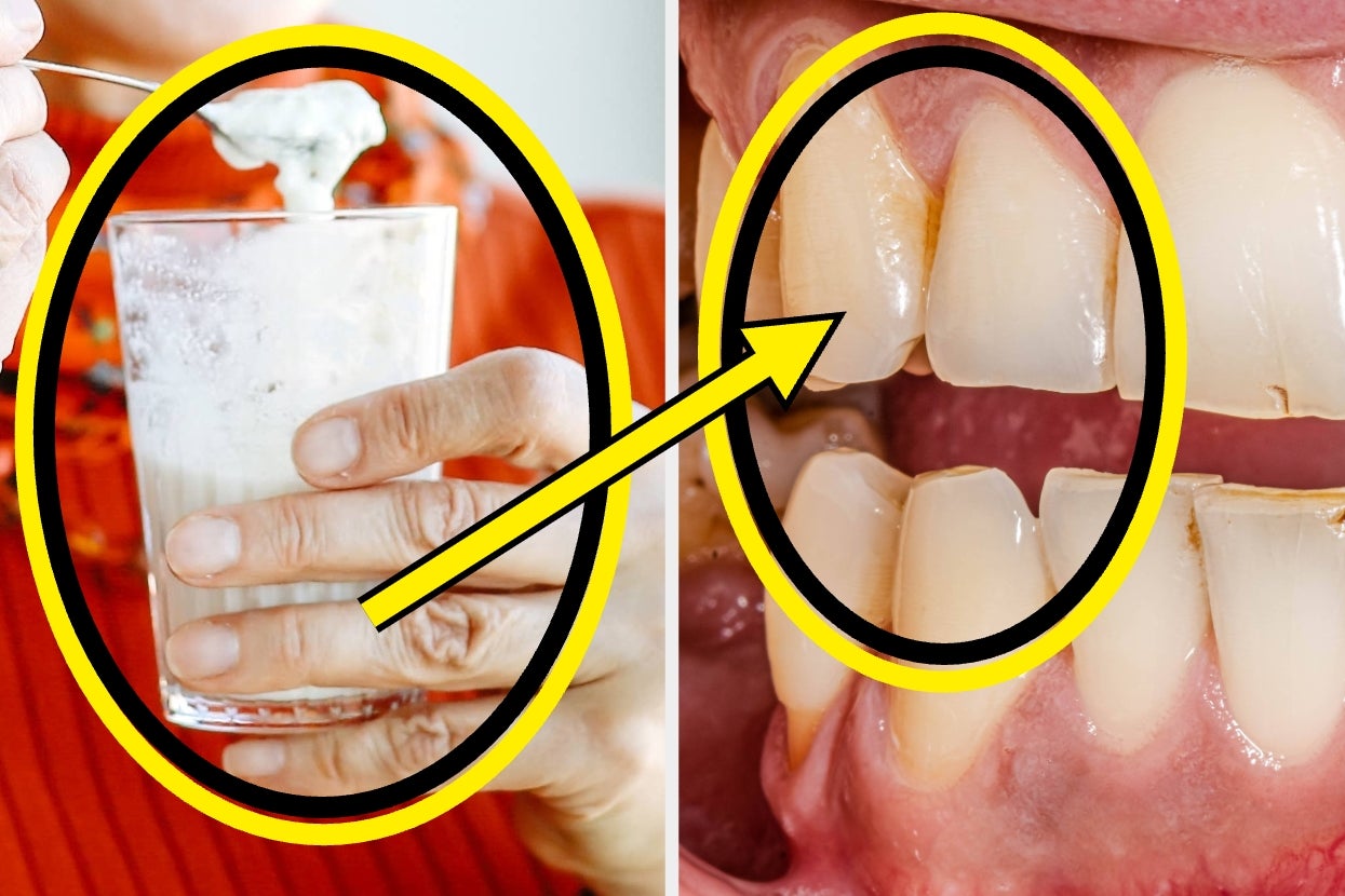 Person holding a glass with a cloudy substance. Close-up of teeth with an arrow pointing from the glass, suggesting a health benefit or effect