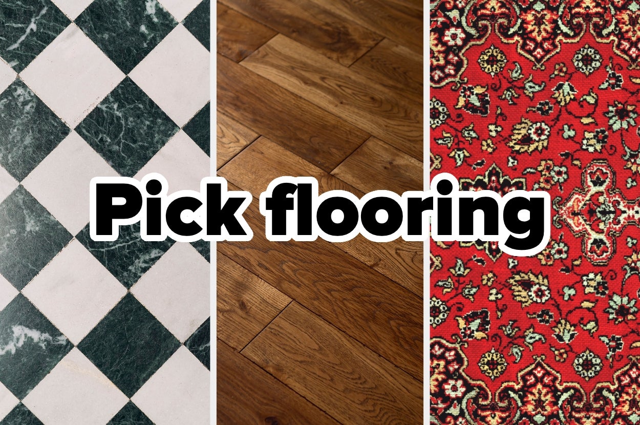 The image shows choices of flooring: checkered tile, wood, and patterned carpet, with the text "Pick flooring" overlaid