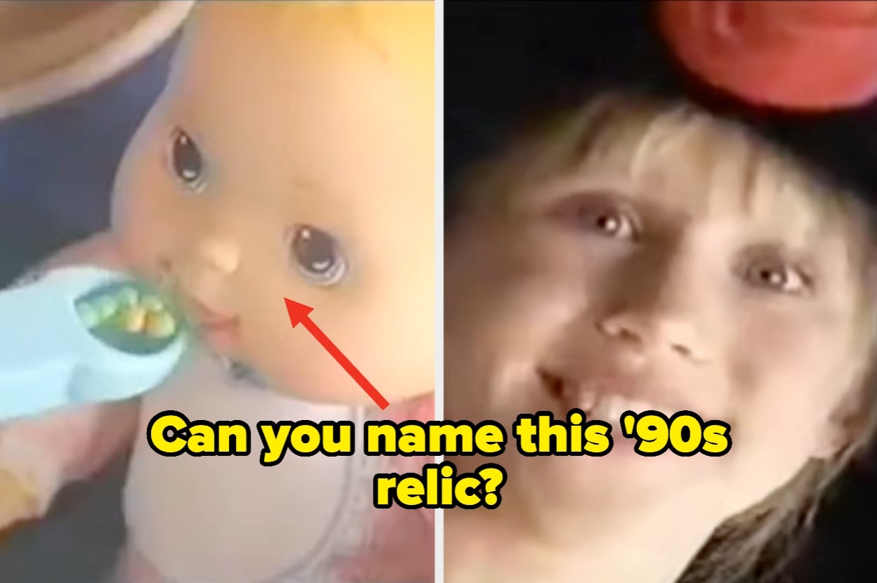 Two images: a doll being fed with a spoon; a child wearing a large hat. Text asks if you can name this '90s relic